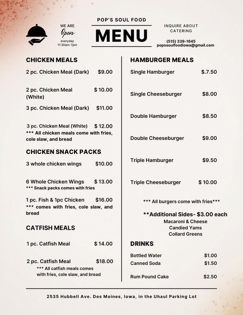 Pop's Soul Food menu listing chicken meals, chicken snack packs, catfish meals, hamburger meals, additional sides, drinks and dessert with prices. A full text version is available below.